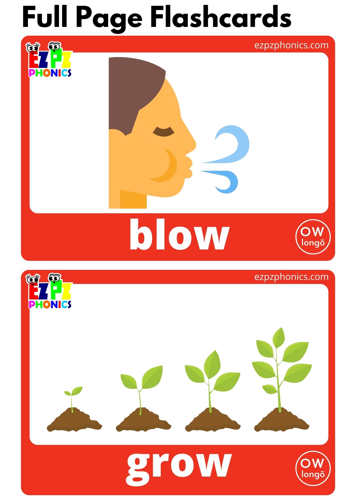 ow Words Long O Vowel Sounds Flashcards with Images and Words Download Free Printable PDF or View Online for Teaching AEIOU Phonics to Kindergarten and ESL Students